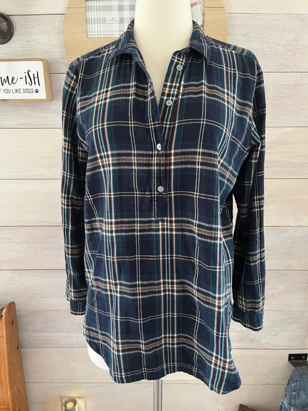 LOFT Navy Plaid Button-Down Tunic Shirt L